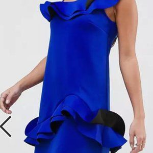 ASOS DESIGN Petite bonded ruffle shoulder dress with frill hem